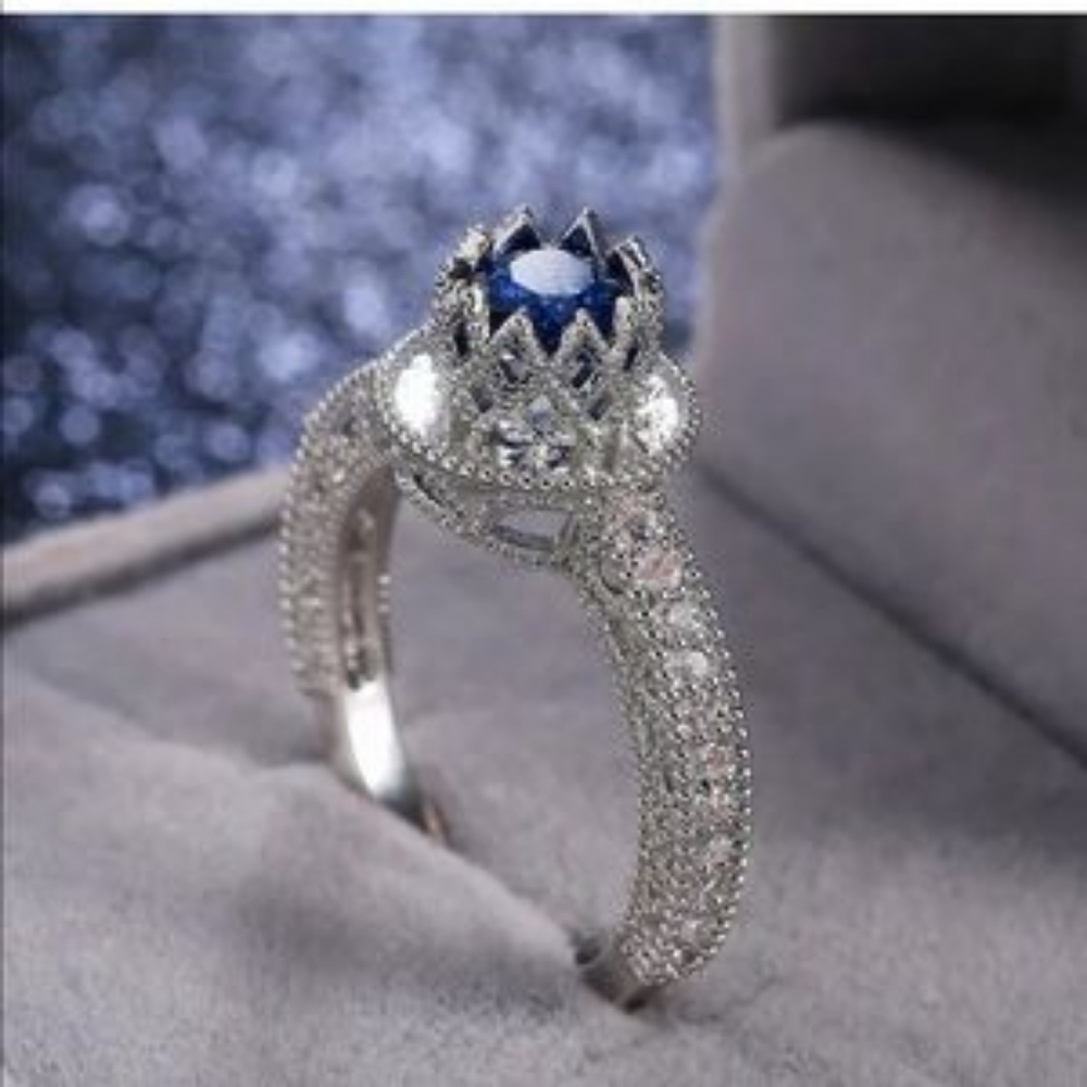 S925 Silver Blue Sapphire Diamond Ring - Picture 2 of 6